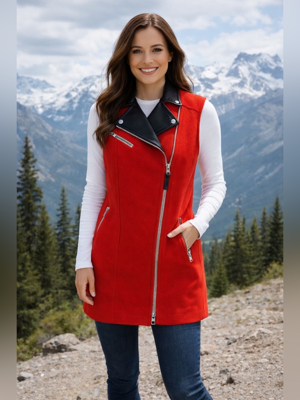 MACKAGE - Red Wool-Blend Vest with black leather collar. Medium